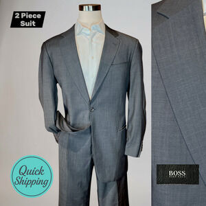Hugo Boss Galilei Sigma 44-46L 38x30 Gray Blue Shadow Suit Virgin Wool